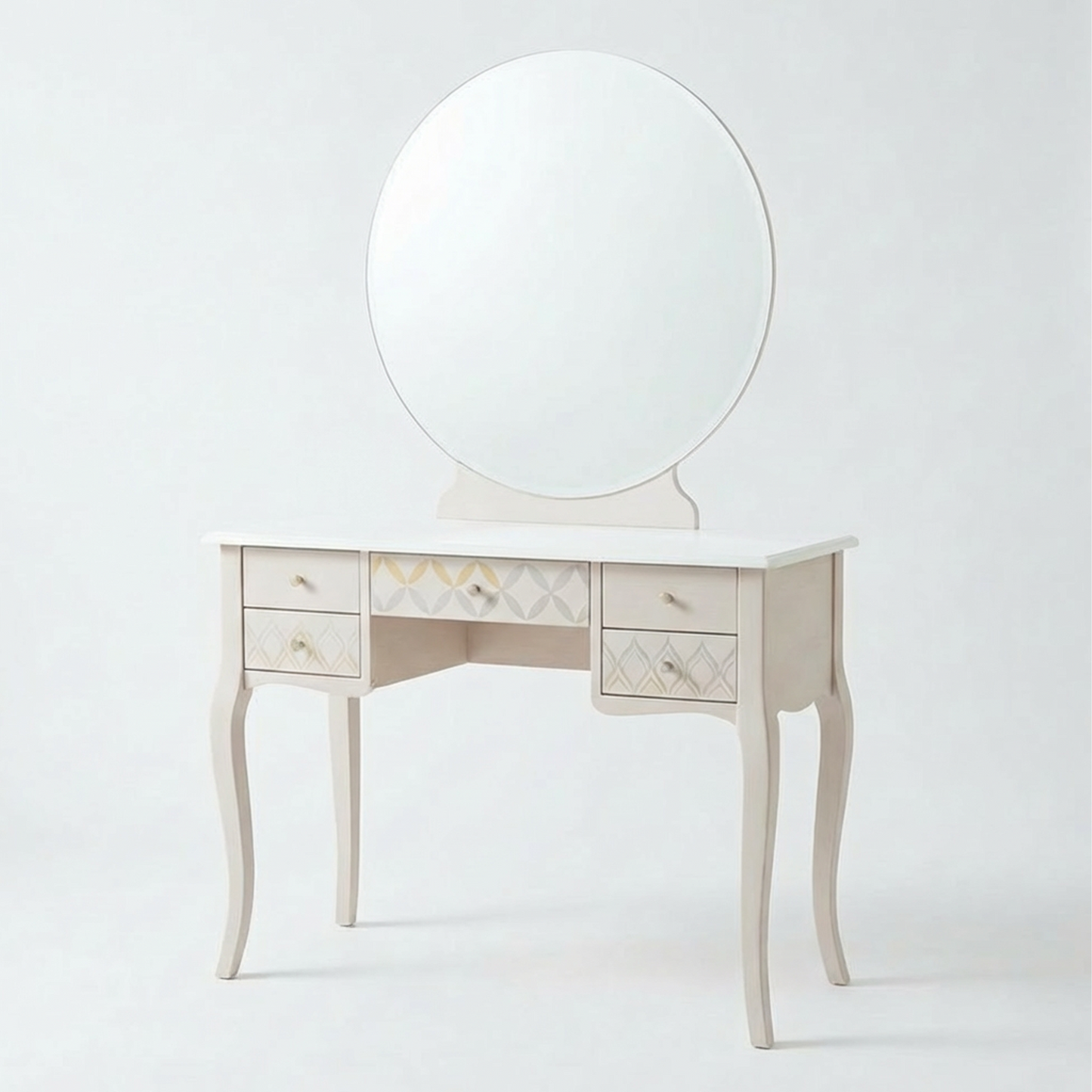 Vintage White Vanity Table with Round Mirror | 3-Drawer Makeup Desk | Elegant Curved Legs