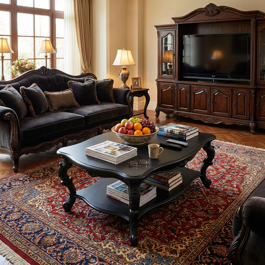 Vintage Black Coffee Table | Ornate Carved Legs | 2-Tier Living Room Center Table
