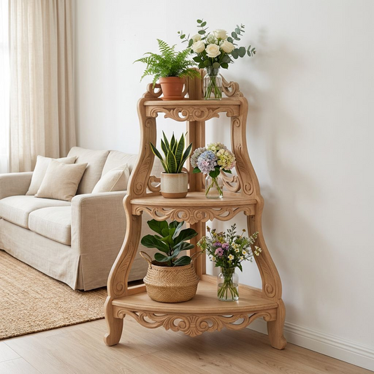 Vintage Carved Corner Shelf | 3-Tier Wooden Corner Stand | Decorative Display Rack