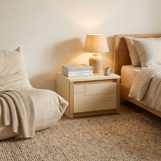 Minimalist Nightstand | Single-Drawer Storage Side Table | Cream White & Natural Wood Bedside Cabinet