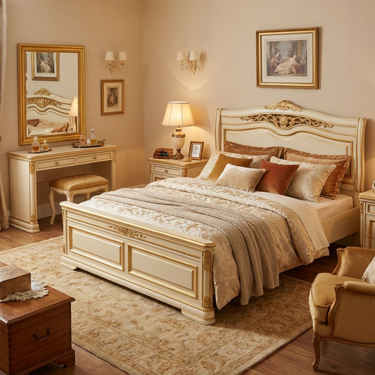 Luxury Classic Bed Frame | Ivory & Gold Carved Headboard | Elegant European Style