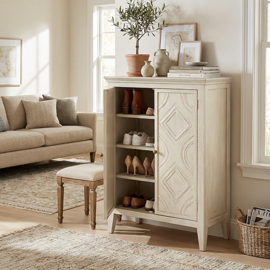 Vintage Distressed White Storage Cabinet | Double-Door Wooden Cabinet | Multi-Shelf Organizer