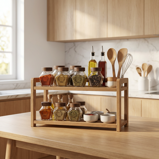 Geometric Glass Spice Jar | Wooden Lid Storage Canister | Kitchen Counter Organizer