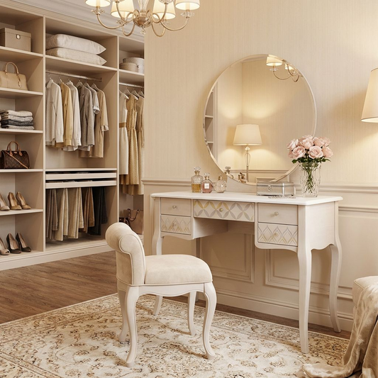 Vintage White Vanity Table with Round Mirror | 3-Drawer Makeup Desk | Elegant Curved Legs