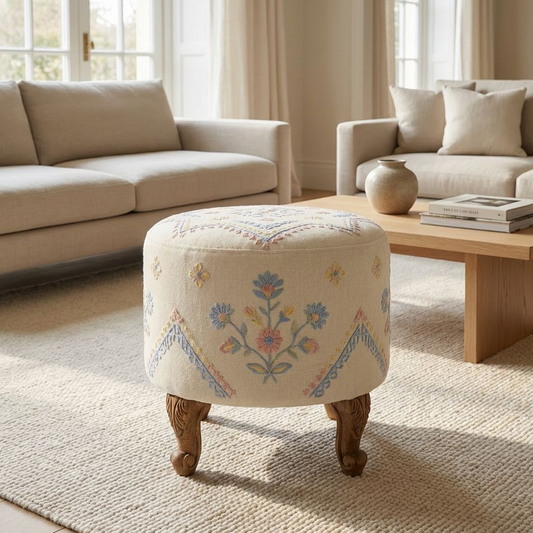 Vintage Embroidered Round Ottoman Stool | Floral Upholstered Footstool | Carved Wooden Legs