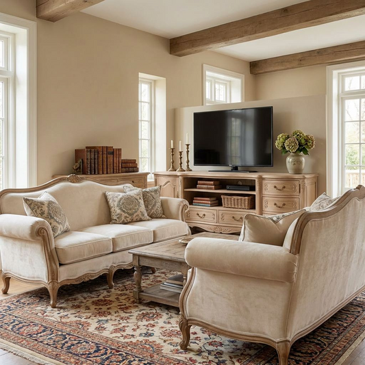 French Country Oak TV Stand | Vintage Carved Media Console | Cabinet + Drawers Storage