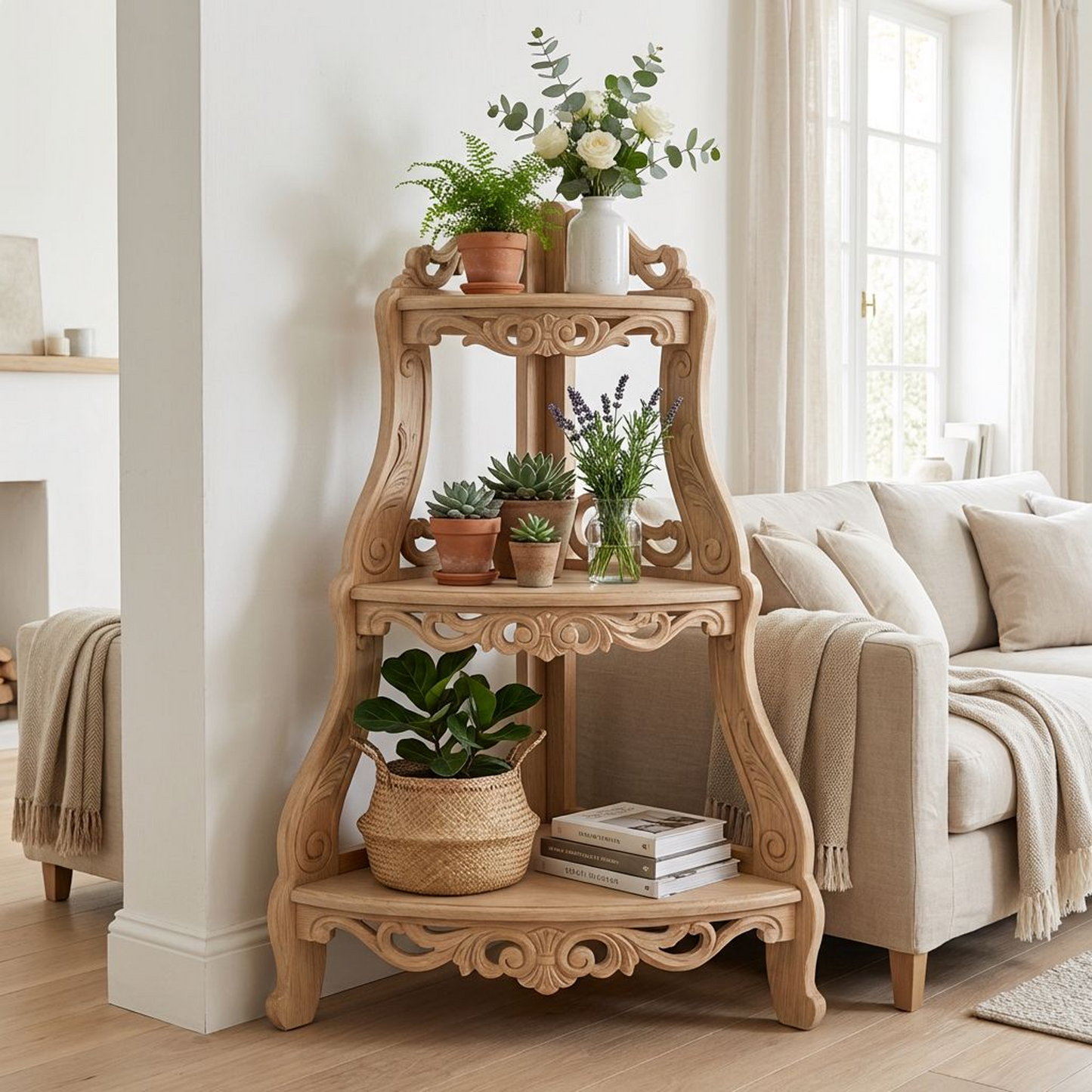 Vintage Carved Corner Shelf | 3-Tier Wooden Corner Stand | Decorative Display Rack