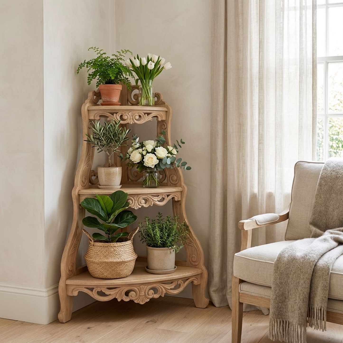 Vintage Carved Corner Shelf | 3-Tier Wooden Corner Stand | Decorative Display Rack