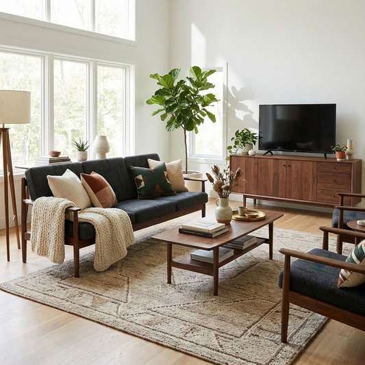 Walnut Wood Scandinavian Retro Loveseat | Fabric Two-Seater Sofa with Wooden Armrests | Minimalist Lounge Sofa