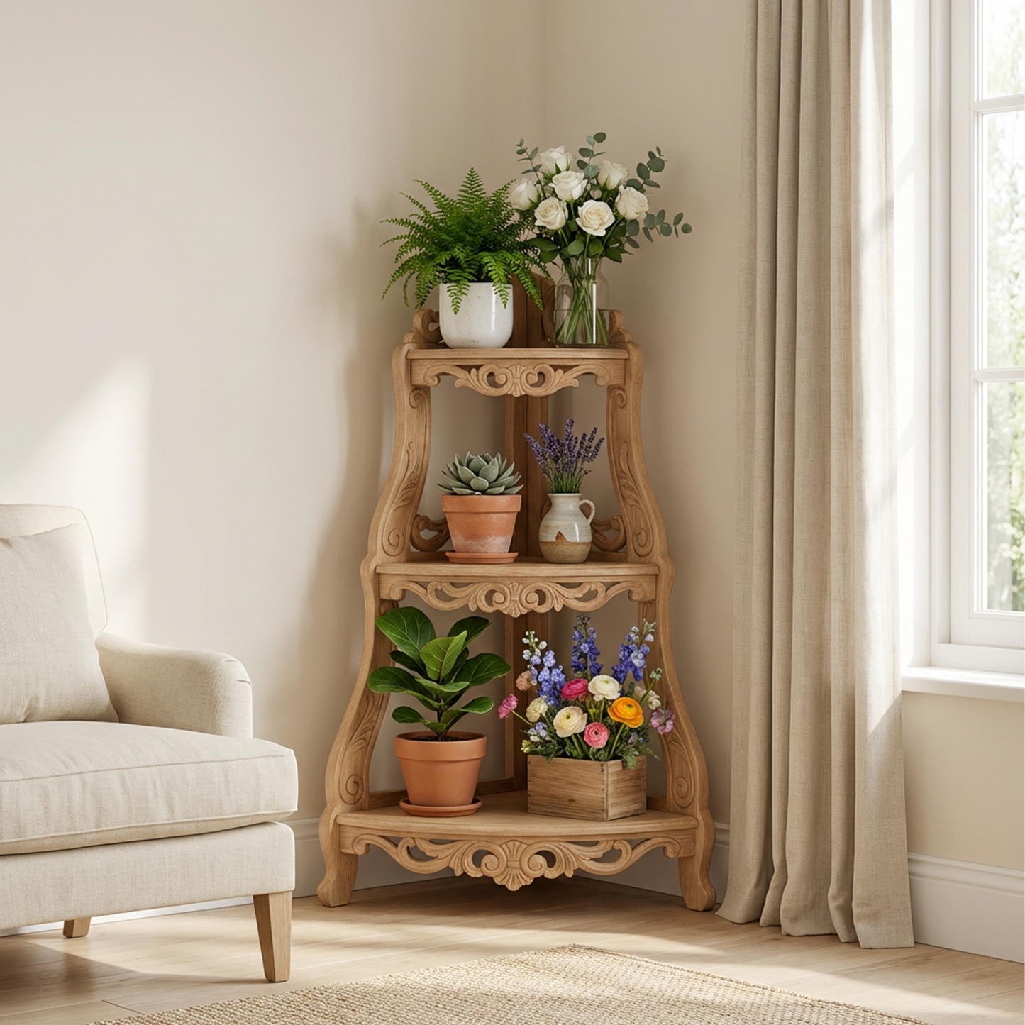 Vintage Carved Corner Shelf | 3-Tier Wooden Corner Stand | Decorative Display Rack