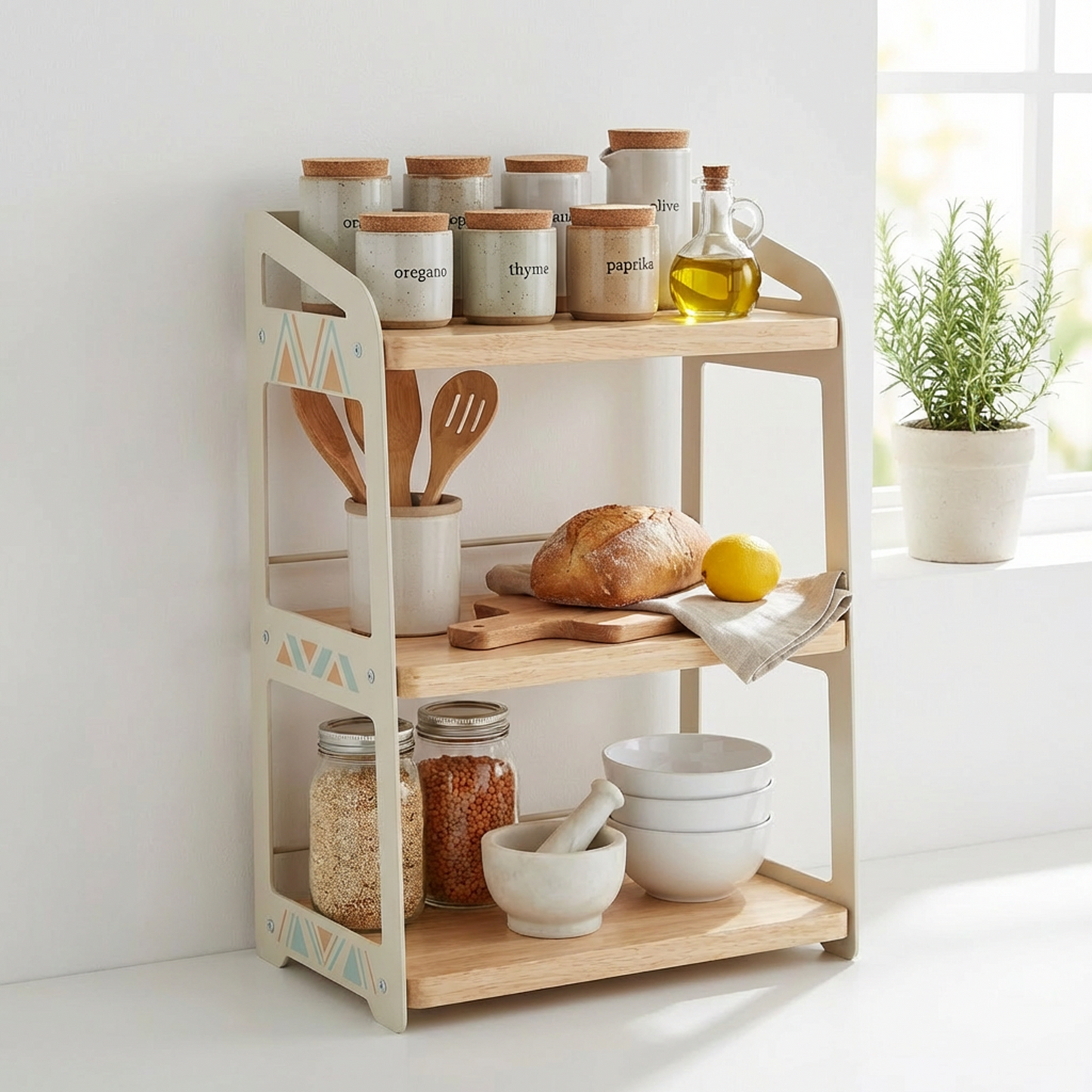 3-Tier Countertop Organizer Shelf | Wooden Shelves with Metal Side Frame | For Kitchen, Bathroom &amp; Desk