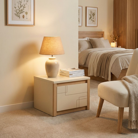 Minimalist Nightstand | Single-Drawer Storage Side Table | Cream White &amp; Natural Wood Bedside Cabinet