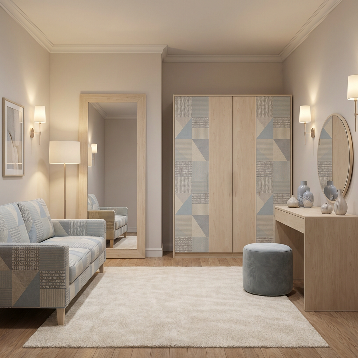 Modern Minimalist Wooden Wardrobe | 4-Door Closet | Geometric Pattern Panels