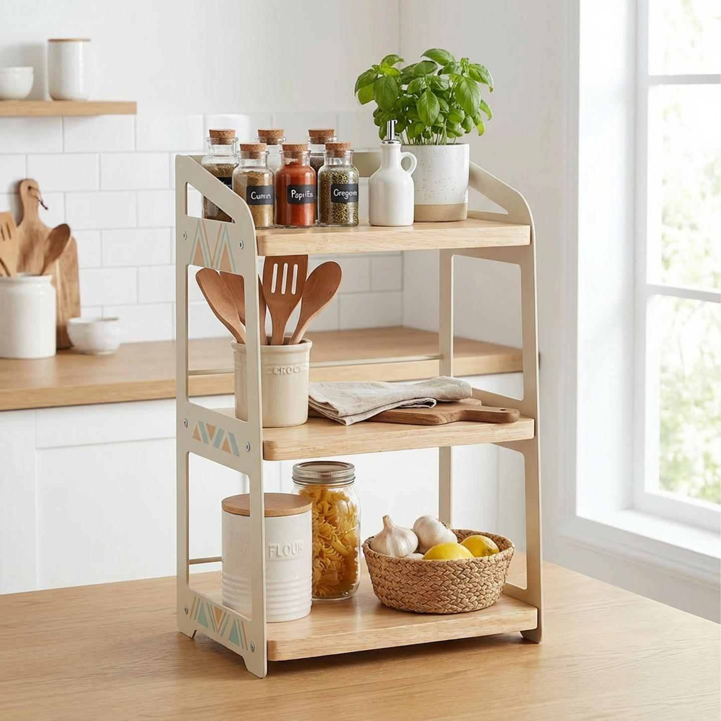 3-Tier Countertop Organizer Shelf | Wooden Shelves with Metal Side Frame | For Kitchen, Bathroom &amp; Desk