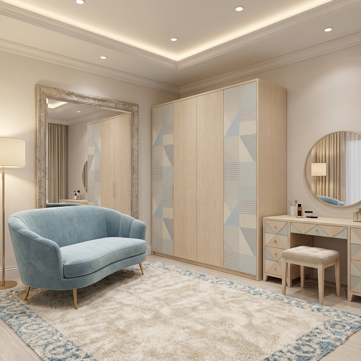 Modern Minimalist Wooden Wardrobe | 4-Door Closet | Geometric Pattern Panels