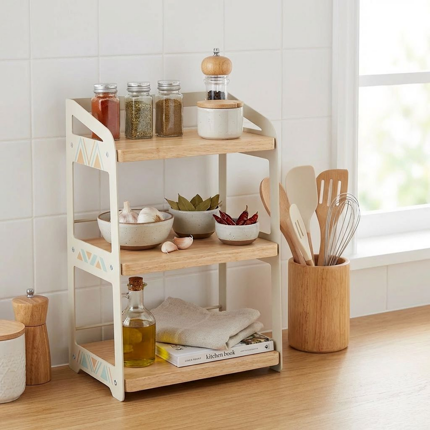 3-Tier Countertop Organizer Shelf | Wooden Shelves with Metal Side Frame | For Kitchen, Bathroom &amp; Desk