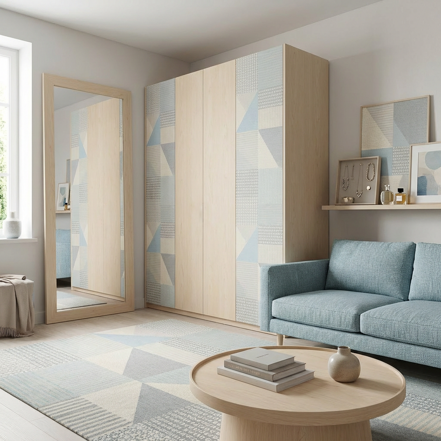 Modern Minimalist Wooden Wardrobe | 4-Door Closet | Geometric Pattern Panels