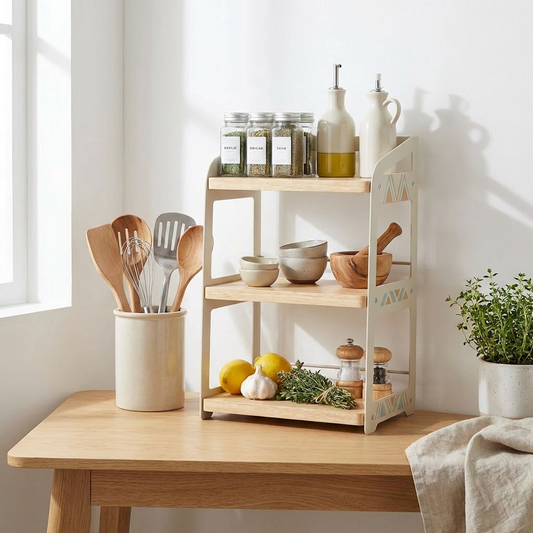 3-Tier Countertop Organizer Shelf | Wooden Shelves with Metal Side Frame | For Kitchen, Bathroom &amp; Desk
