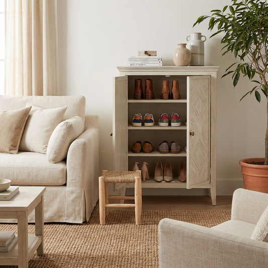 Vintage Distressed White Storage Cabinet | Double-Door Wooden Cabinet | Multi-Shelf Organizer