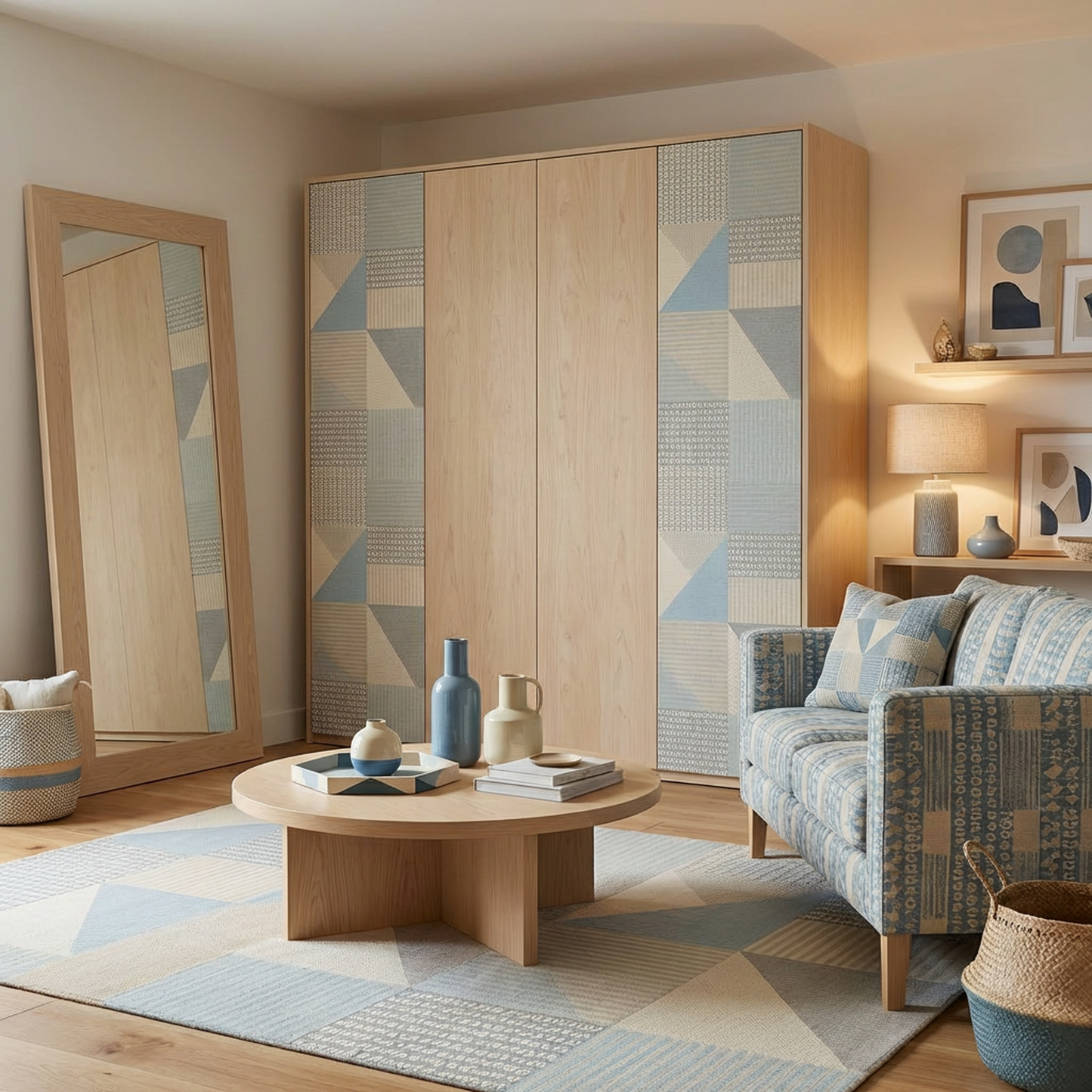 Modern Minimalist Wooden Wardrobe | 4-Door Closet | Geometric Pattern Panels