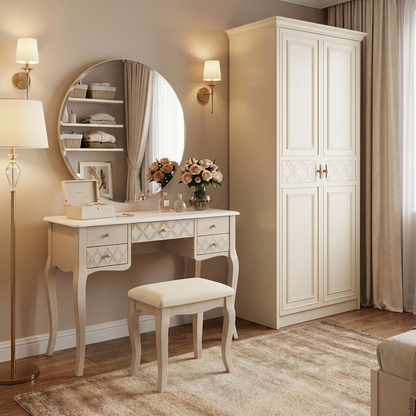 Vintage White Vanity Table with Round Mirror | 3-Drawer Makeup Desk | Elegant Curved Legs